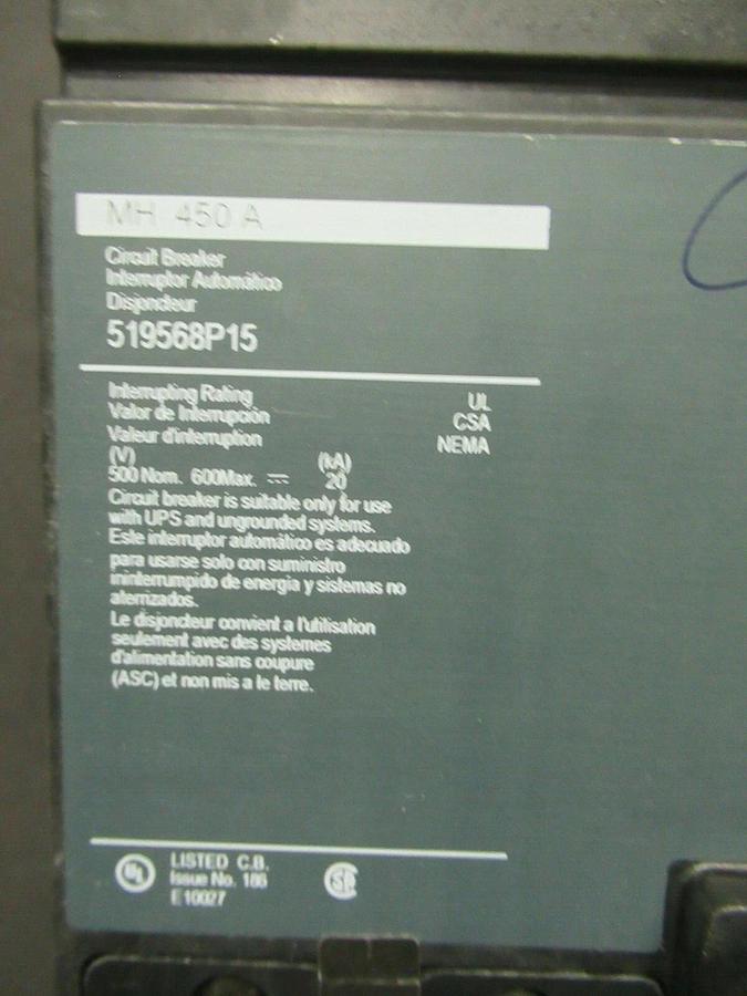 Used 450 AMP SQUARE D BREAKER 519568P15 600 VDC 3 POLE W/ AUXILIARY SWITCH & UVR