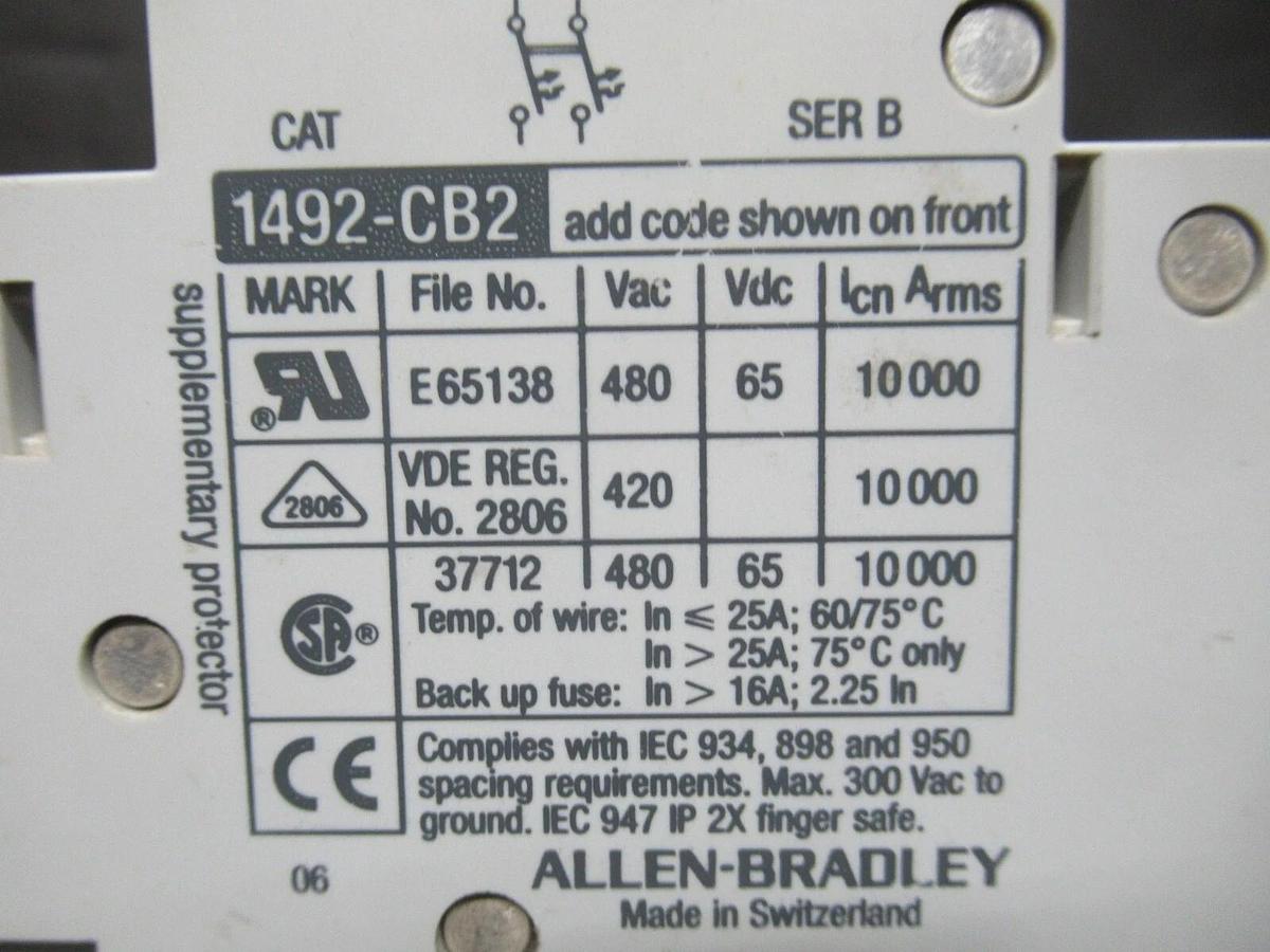 Used ALLEN BRADLEY BREAKER 1492-CB2 SER. B G-150 15 AMP 480 VAC **WARRANTY INCLUDED**