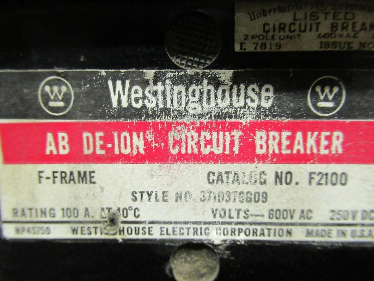 Used 100 AMP WESTINGHOUSE AB DE-ION BREAKER F2100 600 VAC 2 POLE AB POLES *WARRANTY!*