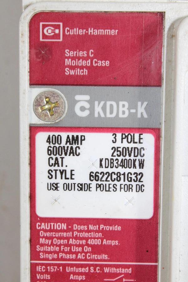 Used CUTLER HAMMER MOLDED CASE SWITCH KDB3400KW 400 AMP 600 VAC 3-POLE *WARRANTY*