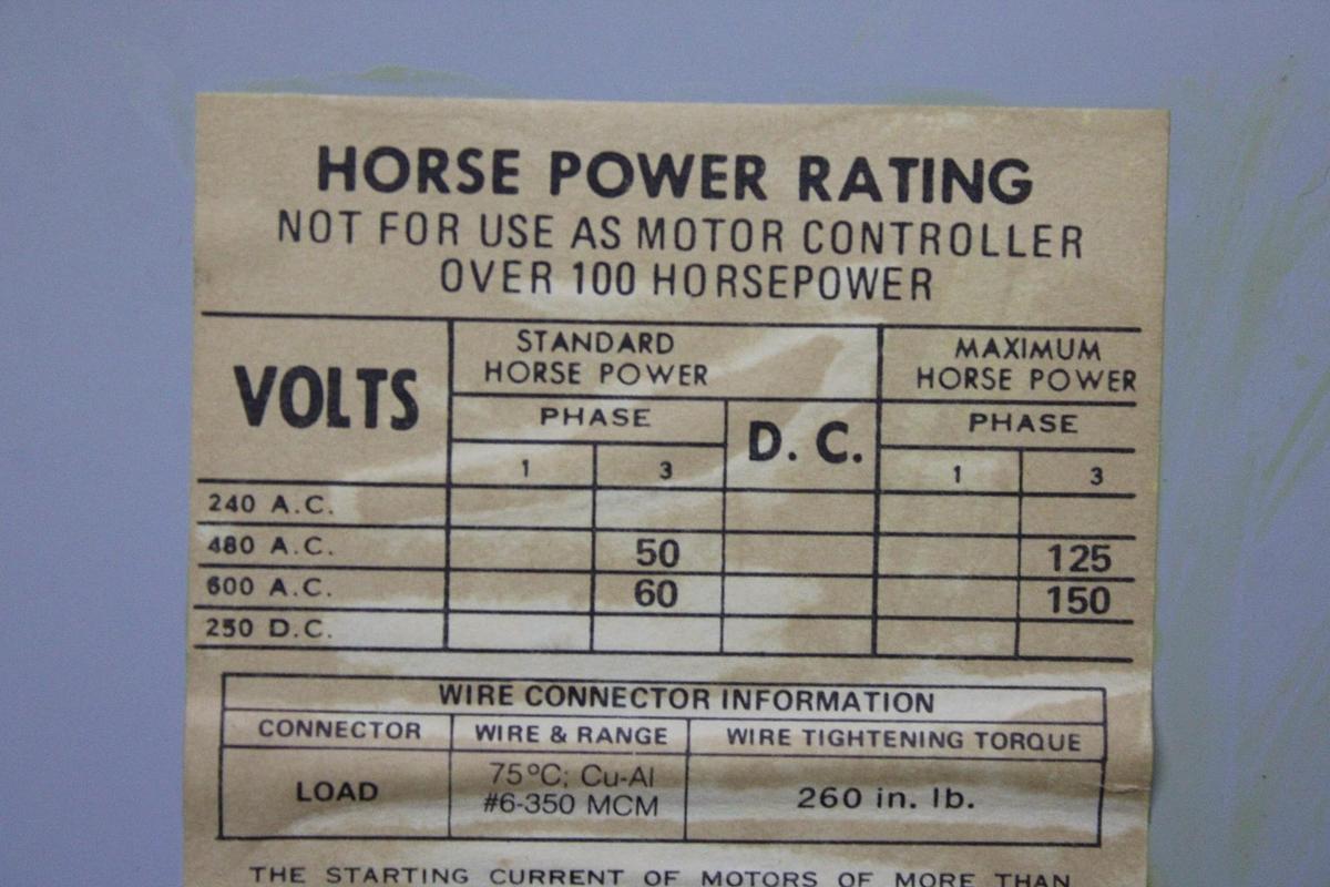 Used ITE VACU-BREAK PANELBOARD SWITCH V7H3605 400 AMP 600 VOLT 3-PHASE 3-POLE