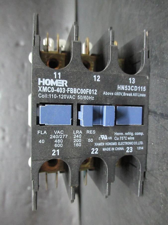 Used HOMER CONTACTOR XMC0-403-FBBC00F012 HN53CD115 600 VAC 40 AMP COIL: 110/120 VOLT