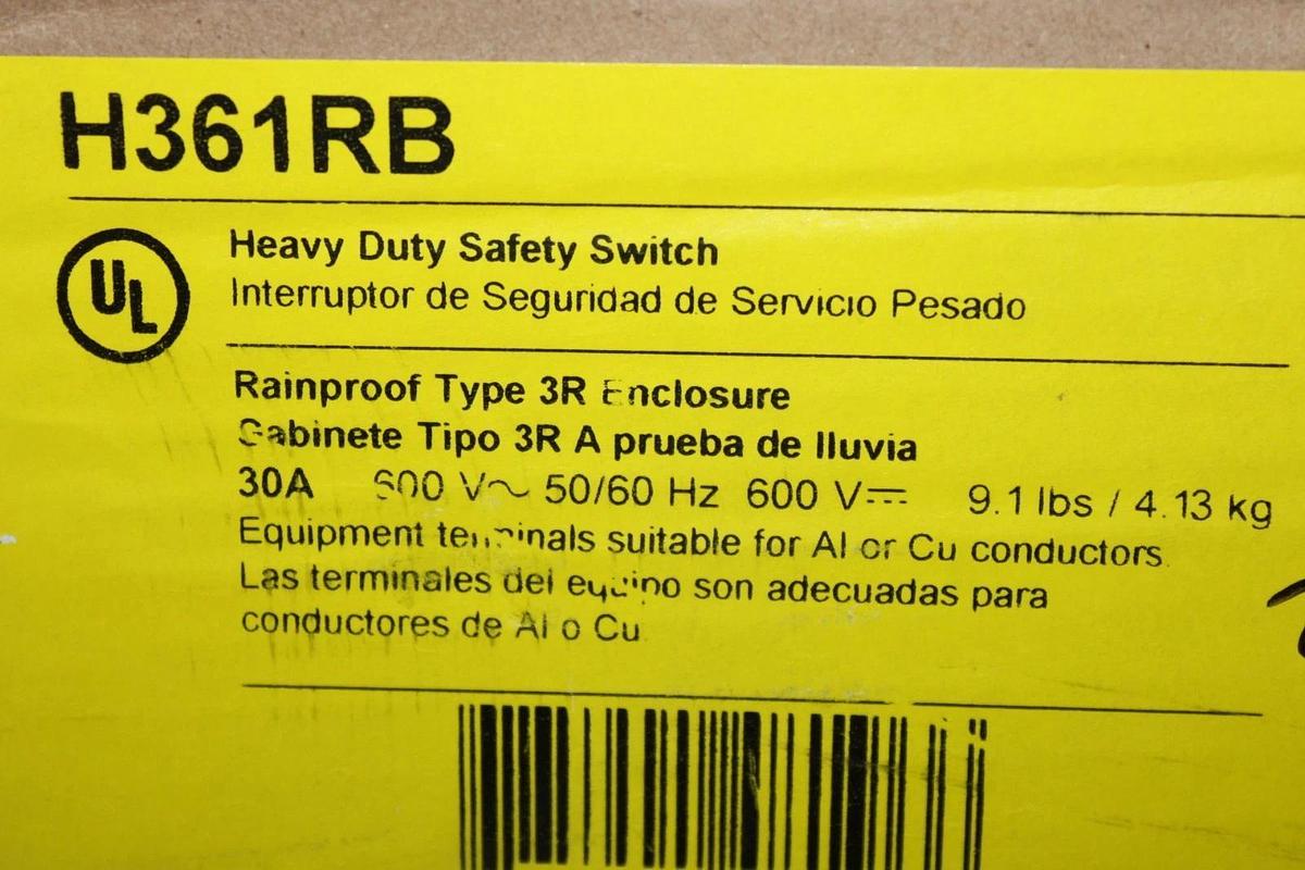 NIB SQUARE D HEAVY DUTY SAFETY SWITCH H361RB 30 AMP 600 VAC TYPE 3R NON-FUSIBLE