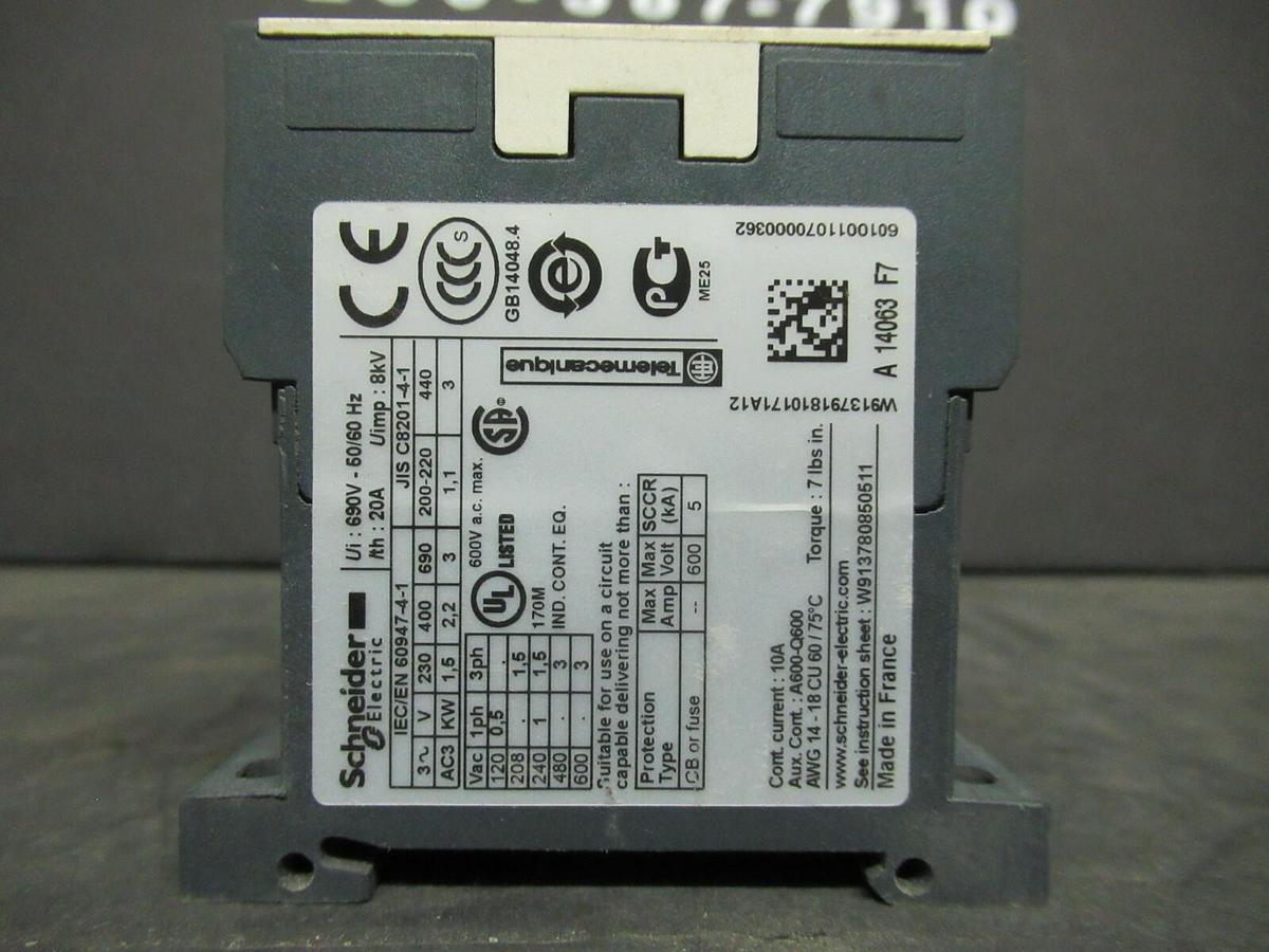 Used SCHNEIDER ELECTRIC MINI CONTACTOR LC1K0601F7 10 AMP 600 VAC 3 HP **WARRANTY**