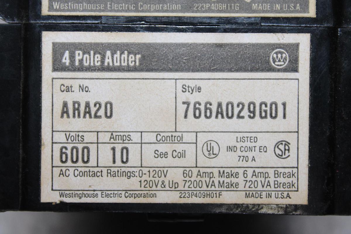 Used WESTINGHOUSE INDUSTRIAL CONTROL RELAY ARB4A 10 AMP 600 VAC W/ ARA20