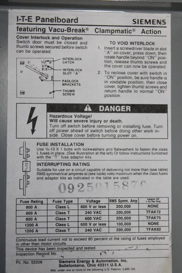 Used SIEMENS VACU-BREAK PANELBOARD DISCONNECT SWITCH VF357BL 800 AMP 600 VAC 3-PHASE