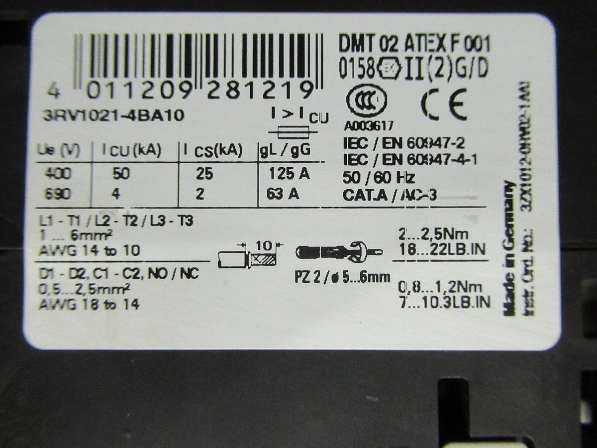 Used SIEMENS MANUAL MOTOR STARTER 3RV1021-4BA10 600V 20HP 20A **WARRANTY INCLUDED**