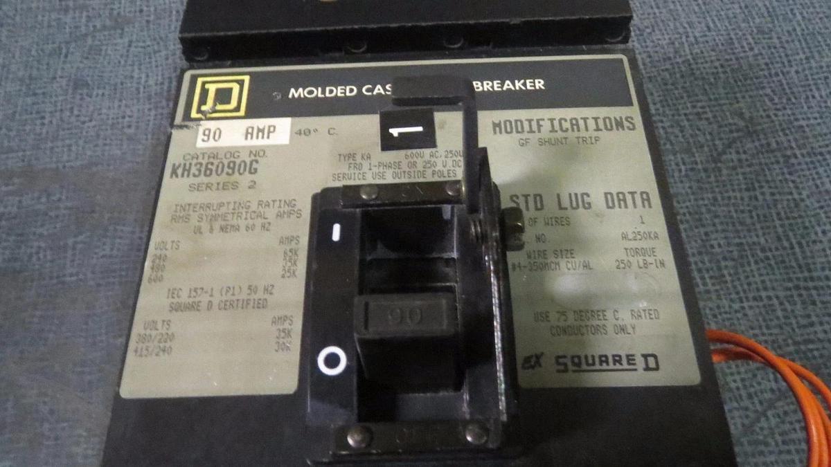 Used SQUARE D I-LINE BREAKER KH36090G 90 AMP 600 VAC 3 POLE W/ GROUND FAULT SHUNT