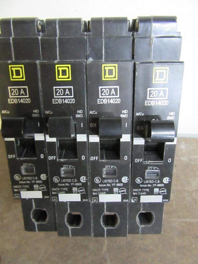 Used LOT OF 4 SQUARE D BREAKER EDB14020 SINGLE POLE 277 VAC 20 AMP **WARRANTY**