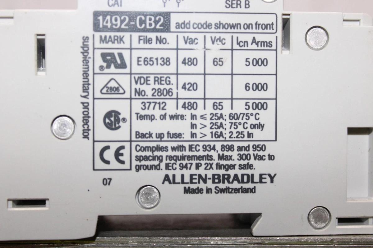 Used ALLEN BRADLEY CIRCUIT BREAKER 1492-CB2 SINGLE POLE 2 AMP 480 VAC H020