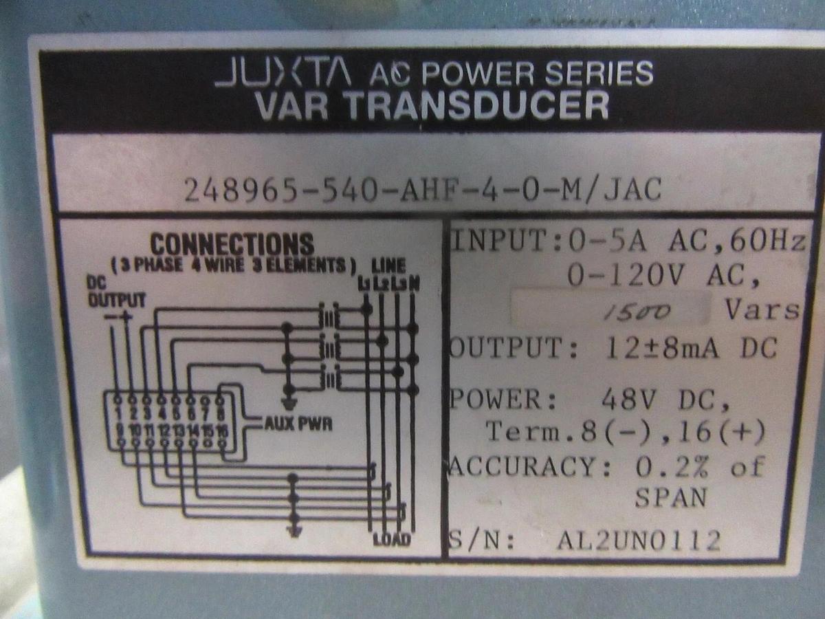 Used YOKOGAWA JUXTA VAR TRANSDUCER 248965-540-AHF-4-0-M/JAC 120 VAC 1500 VARS