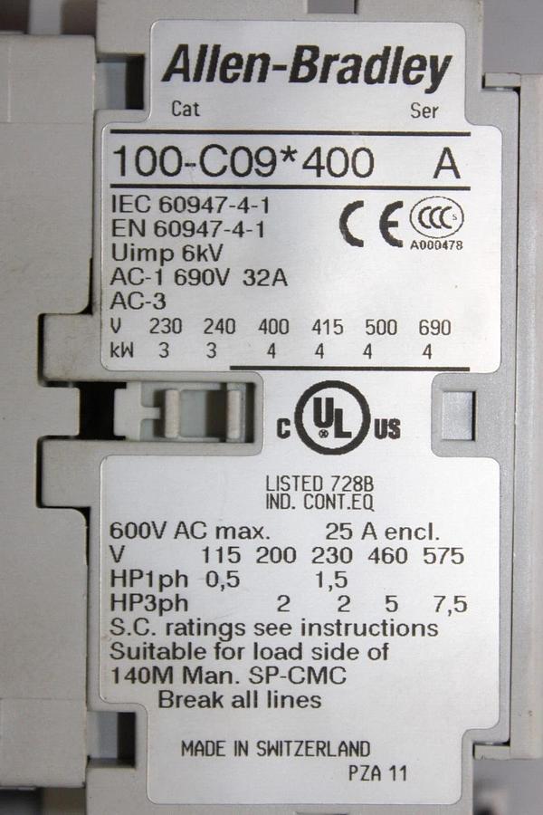 Used ALLEN BRADLEY STARTER 100-C09*400 SER. A 600 VAC 25 AMP 7.5 HP W/ 193-T1AA40