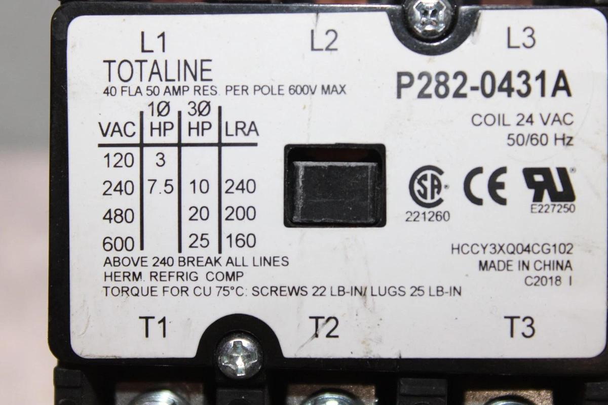 Used TOTALINE CONTACTOR P282-0431A 600 VAC 40 AMP 25 HP 3-POLE COIL: 24 VAC