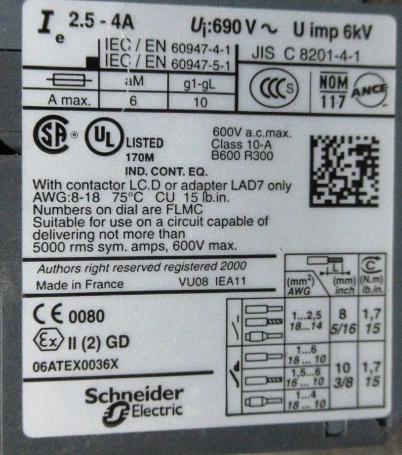 Used TELEMECANIQUE THERMAL OVERLOAD RELAY LRD-08 600 VAC 2.5-4 AMP **WARRANTY**