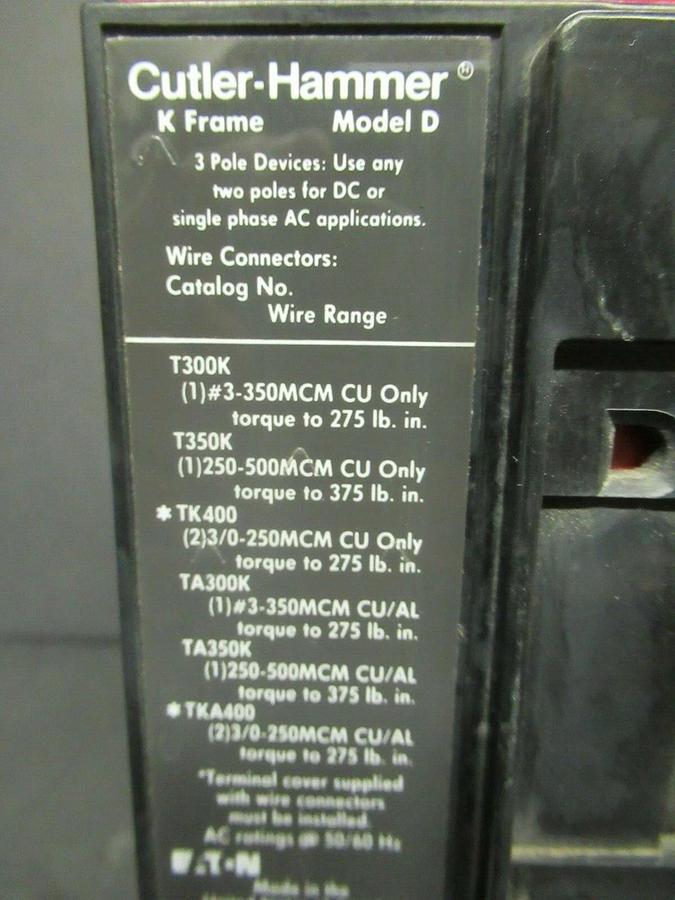 Used CUTLER-HAMMER CIRCUIT BREAKER KS36040YD KS-Y 400 AMP 600 VAC 3-POLE 3-PHASE