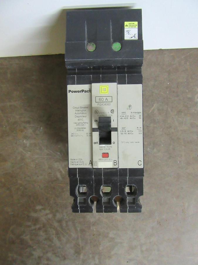 Used SQUARE D I-LINE POWERPACT BREAKER FGA34060 60 AMP 480/277 VAC 3-POLE *WARRANTY*