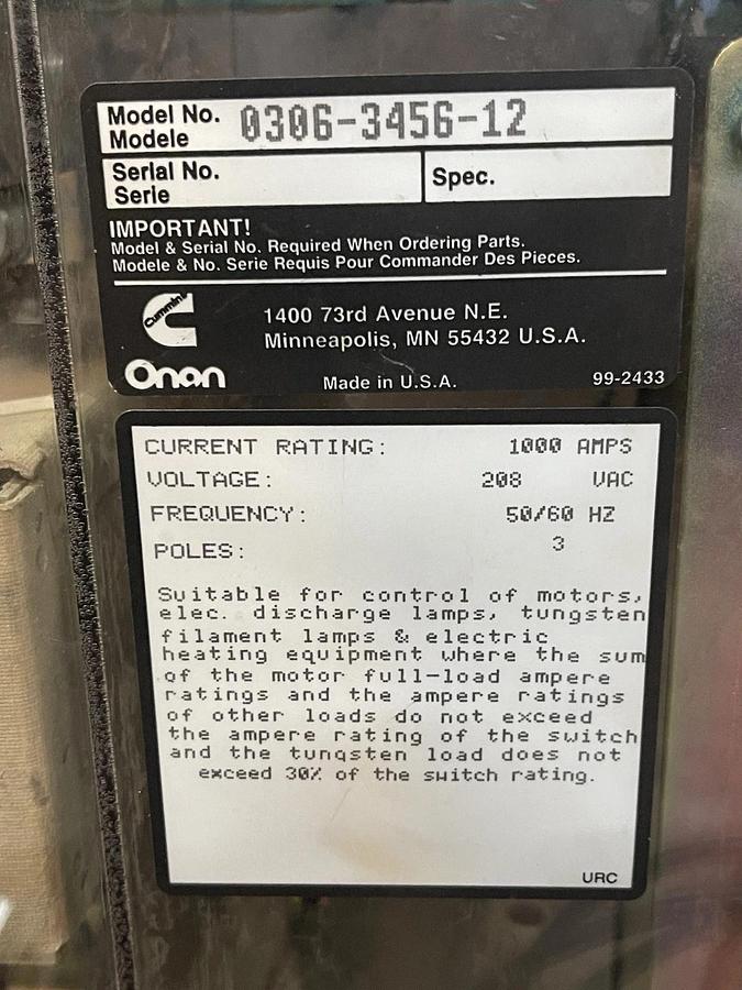 Used ONAN CUMMINS TRANSFER SWITCH OT-1000 1000 AMP 208 VAC 3-POLE W/ 0306-3456-12
