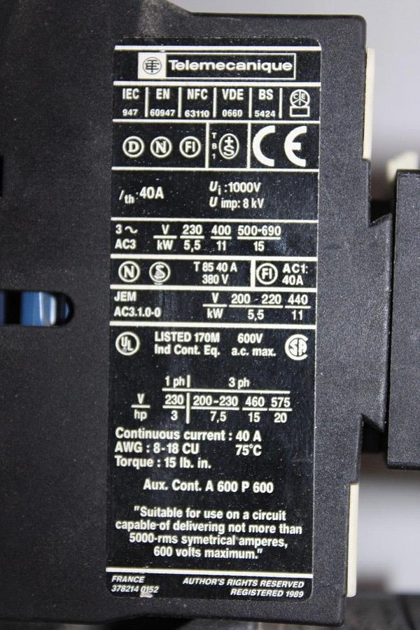 Used TELEMECANIQUE STARTER LC1-D25-10 600 VAC 40 AMP 20 HP 3-PHASE *WARRANTY*
