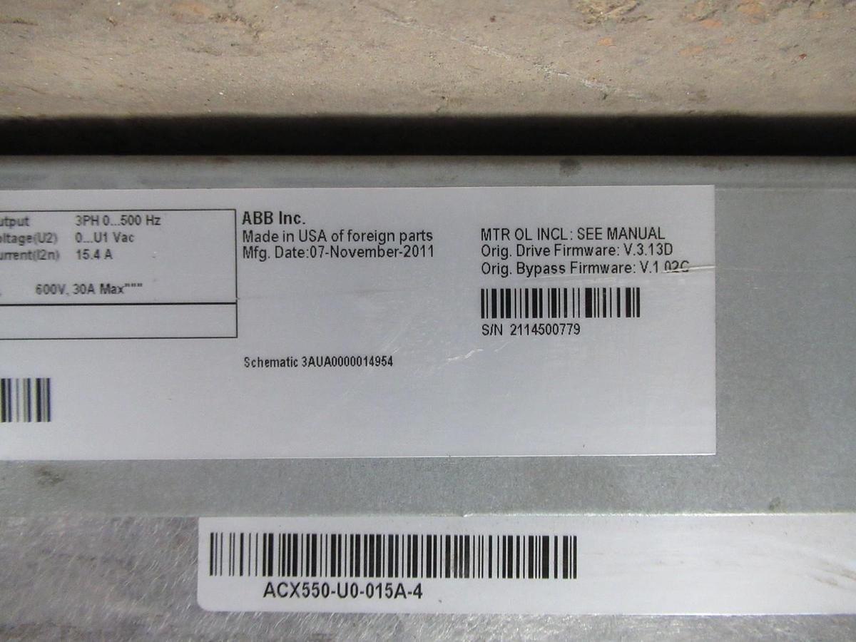 Used ABB VARIABLE SPEED DRIVE ACH550-VDR-015A-4 W/ BYPASS 10HP 3PHASE 480V 15.4A
