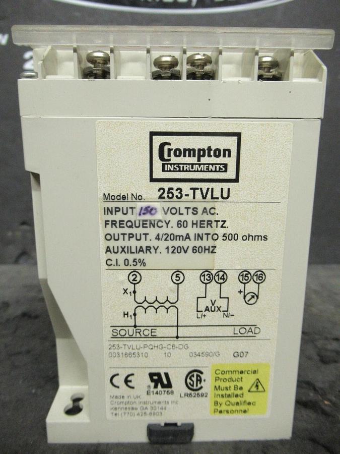 Used CROMPTON PALADIN INSTRUMENTS 253-TVLU TRIP TANSDUCER RELAY 120 V 253-TVLU-PQHG