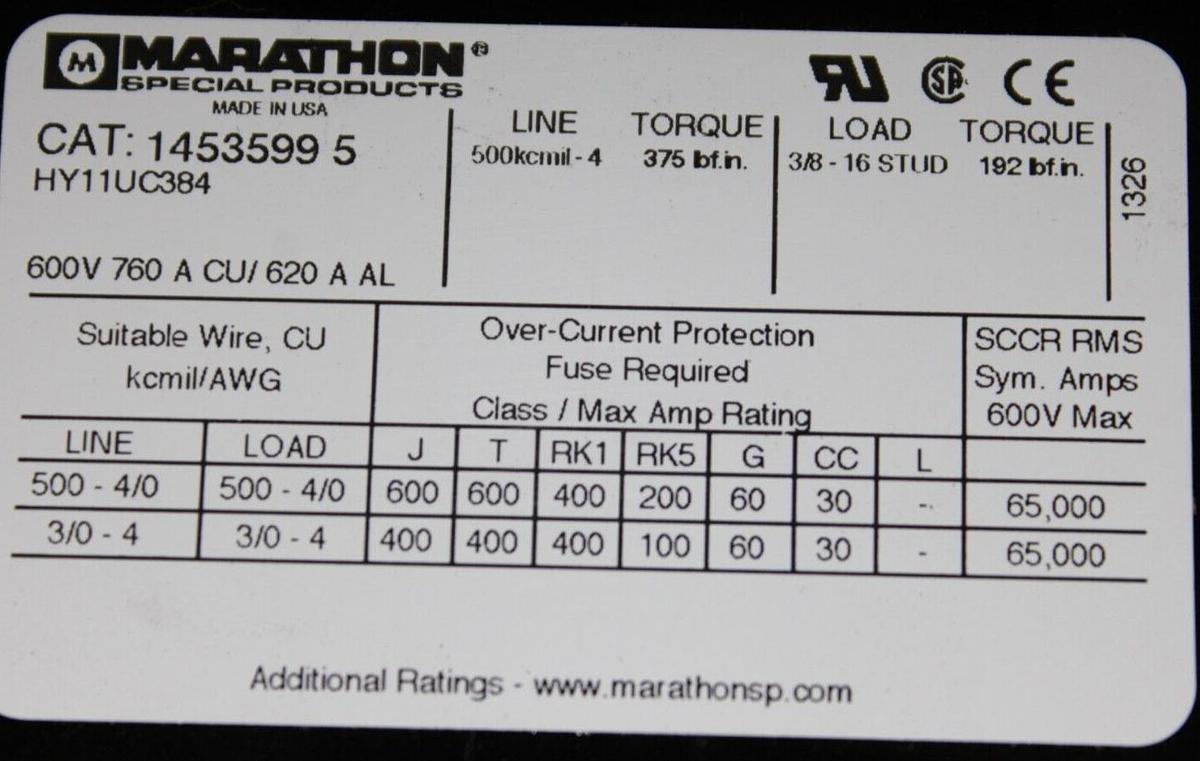 Used MARATHON POWER DISTRIBUTION LUG TERMIAL 1453599-5 600 VAC 760 AMP 3-POLE
