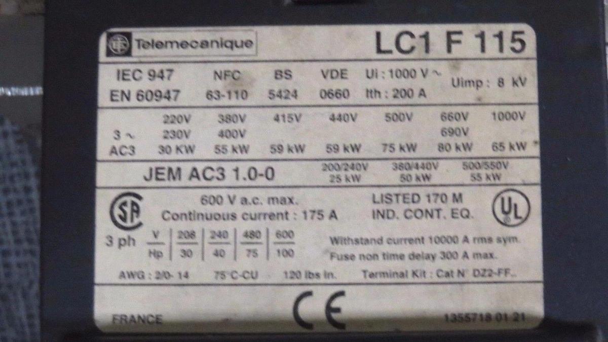 Used TELEMECANIQUE SQUARE D CONTACTOR LC1F115 175 AMP 600 VAC 100 HP WITH 110V COIL