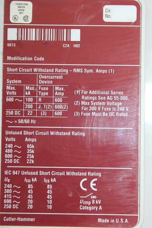 Used CUTLER HAMMER MOLDED CASE SWITCH LD3600WK 600 AMP 3-POLE 600 VAC 3-PHASE