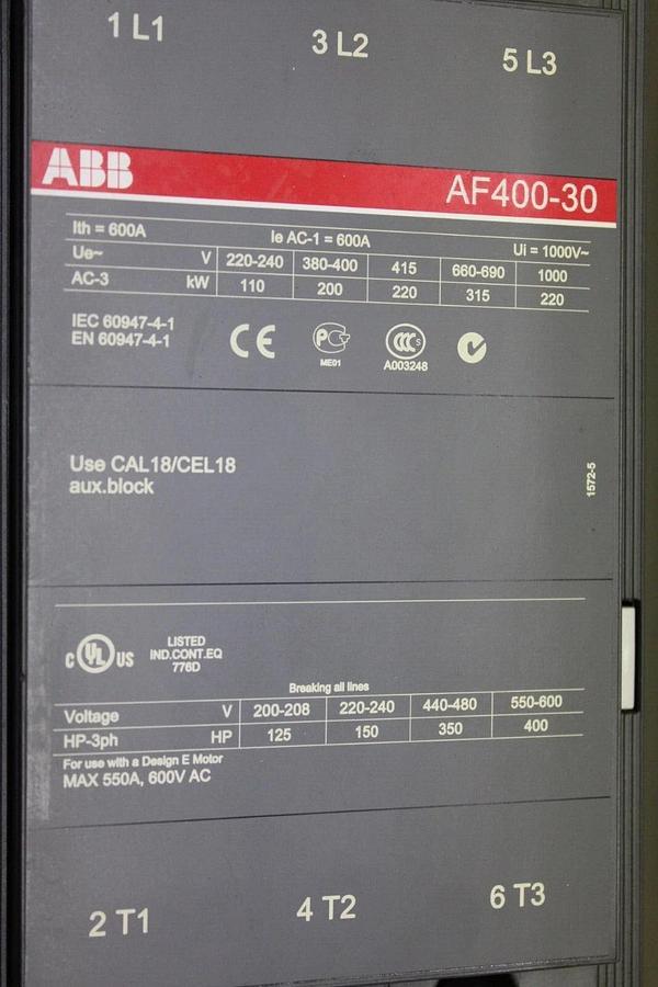 Used ABB CONTACTOR AF400-30 550 AMP 600 VAC 400 HP 3-PHASE COIL: 100-250 VOLT