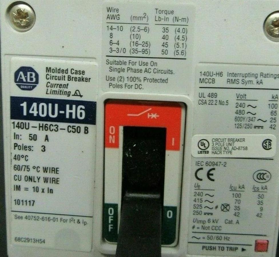 Used 50 AMP ALLEN BRADLEY BREAKER 140U-H6C3-C50 SER. B 3 POLE 480 VAC **WARRANTY**