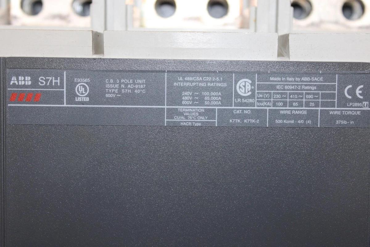 Used ABB CIRCUIT BREAKER SACE S7 S7H 1000 AMP 3-POLE 600 VAC W/ AUX SWITCH & SHUNT