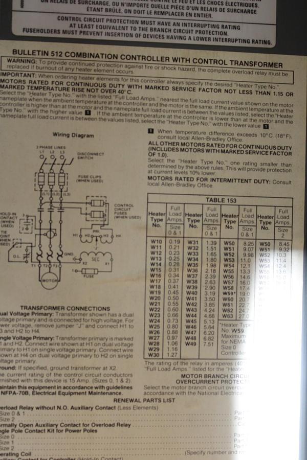 Used ALLEN BRADLEY COMBINATION STARTER 512-AJB-6P-24R TYPE 12 NEMA 0 600V 5 HP