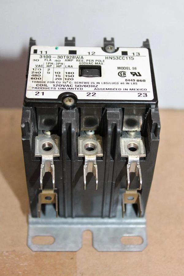 Used PRODUCTS UNLIMITED CONTACTOR 30A 600V 20HP 120V COIL 3100-30T928WA HN53CC115