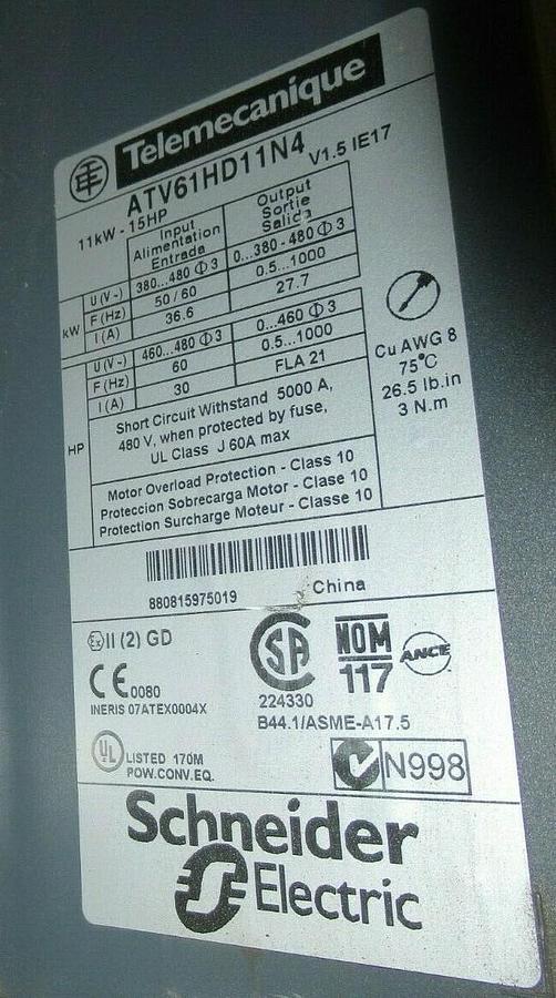 Used SQUARE D E-FLEX ALTIVAR VARIABLE SPEED DRIVE ATV61HD11N4 EFDKG4VY 460V 3-PHASE