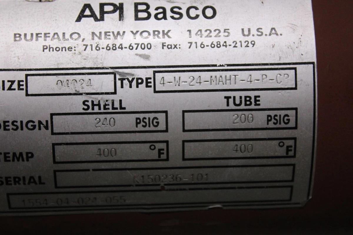 Used API BASCO HEAT EXCHANGER 4-W-24-MAHT-4-P-CP 04024 240 PSIG 400°F 2' X 6"