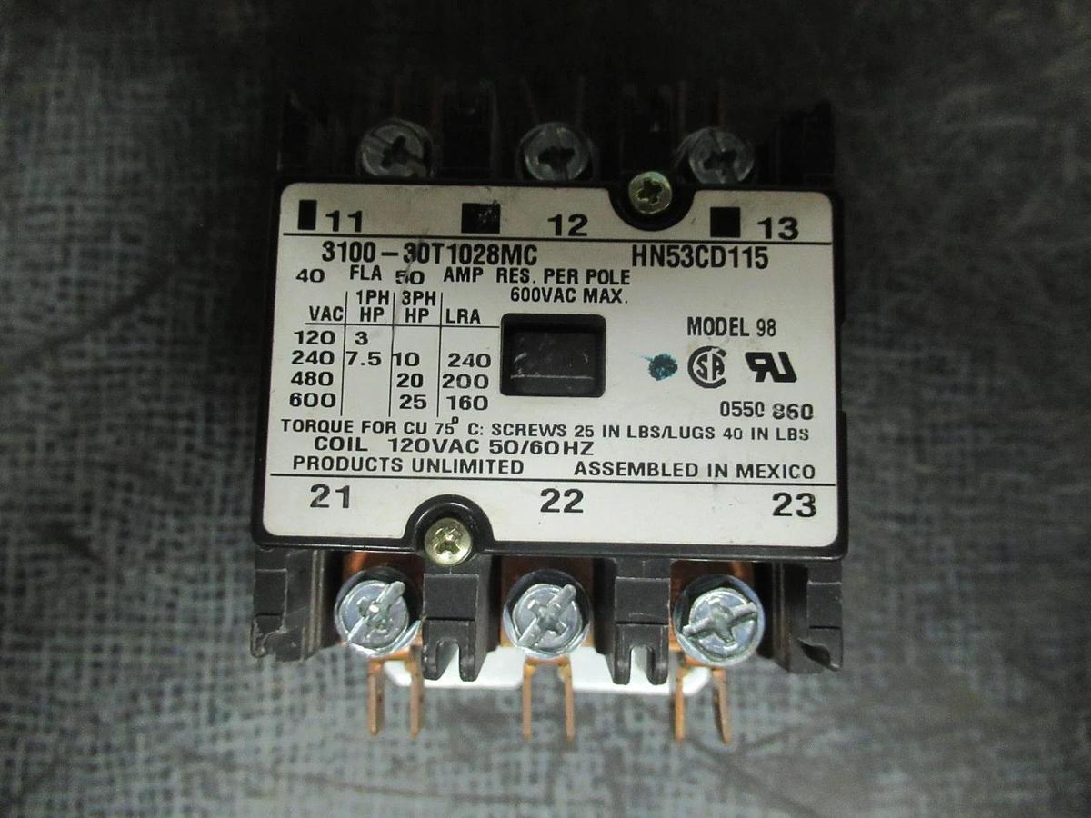 Used PRODUCTS UNLIMITED CONTACTOR 50A/RES 600V 25HP 120V COIL 50/60HZ 3100-30T2028MC