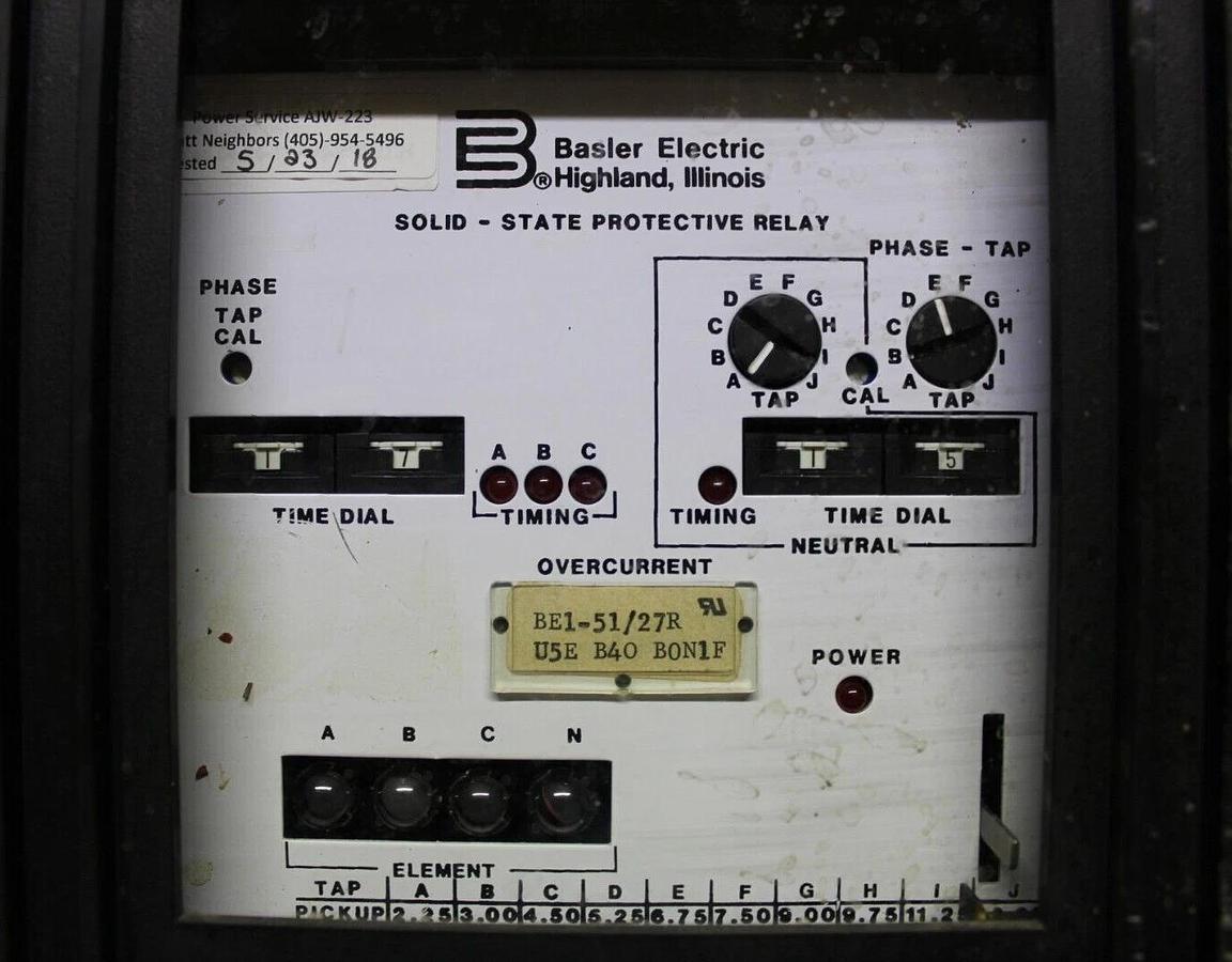 Used BASLER ELECTRIC OVERCURRENT SOLID STATE PROTECTIVE RELAY BE1-51/27R