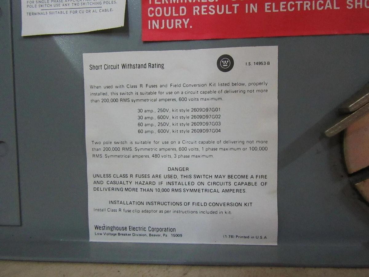 Used WETINGHOUSE FUSE PANELBOARD SWITCH  FDPT3611R 30 AMP 600 VAC 20 HP 3-POLE