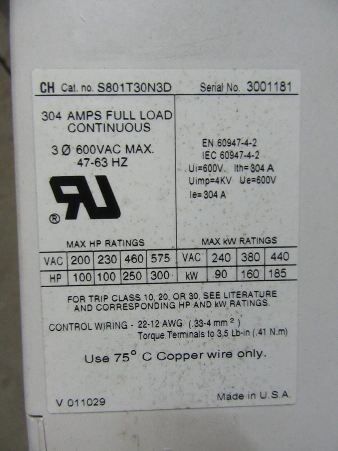 Used 304 AMP CONTINUOUS CUTLER HAMMER INSIDE THE DELTA - SOFT STARTER T801T30N3D