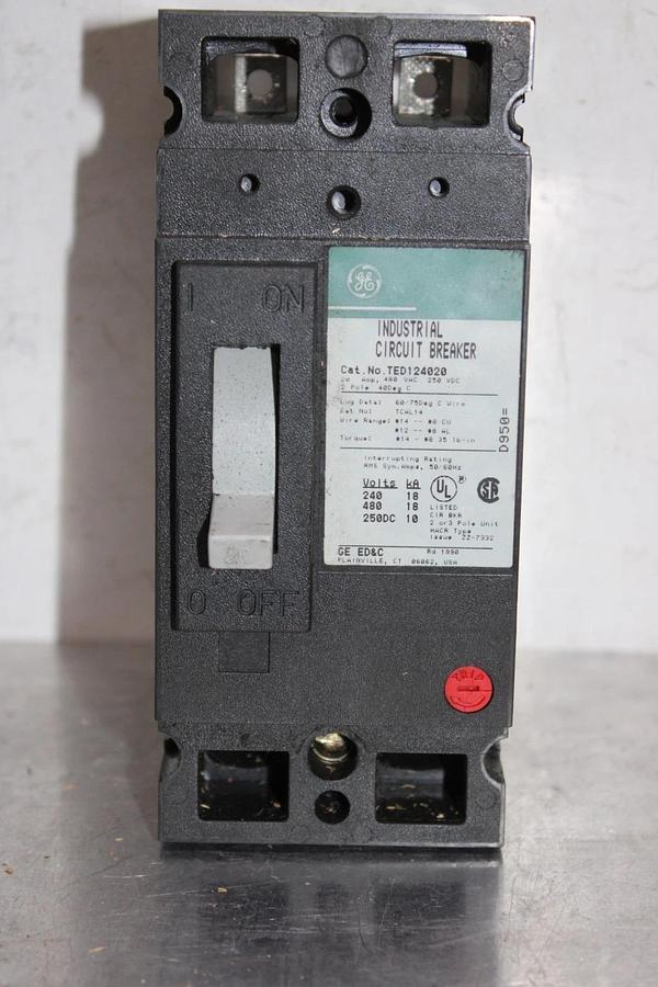 Used GENERAL ELECTRIC CIRCUIT BREAKER TED124020 20 AMP 480 VAC 2-POLE *WARRANTY*