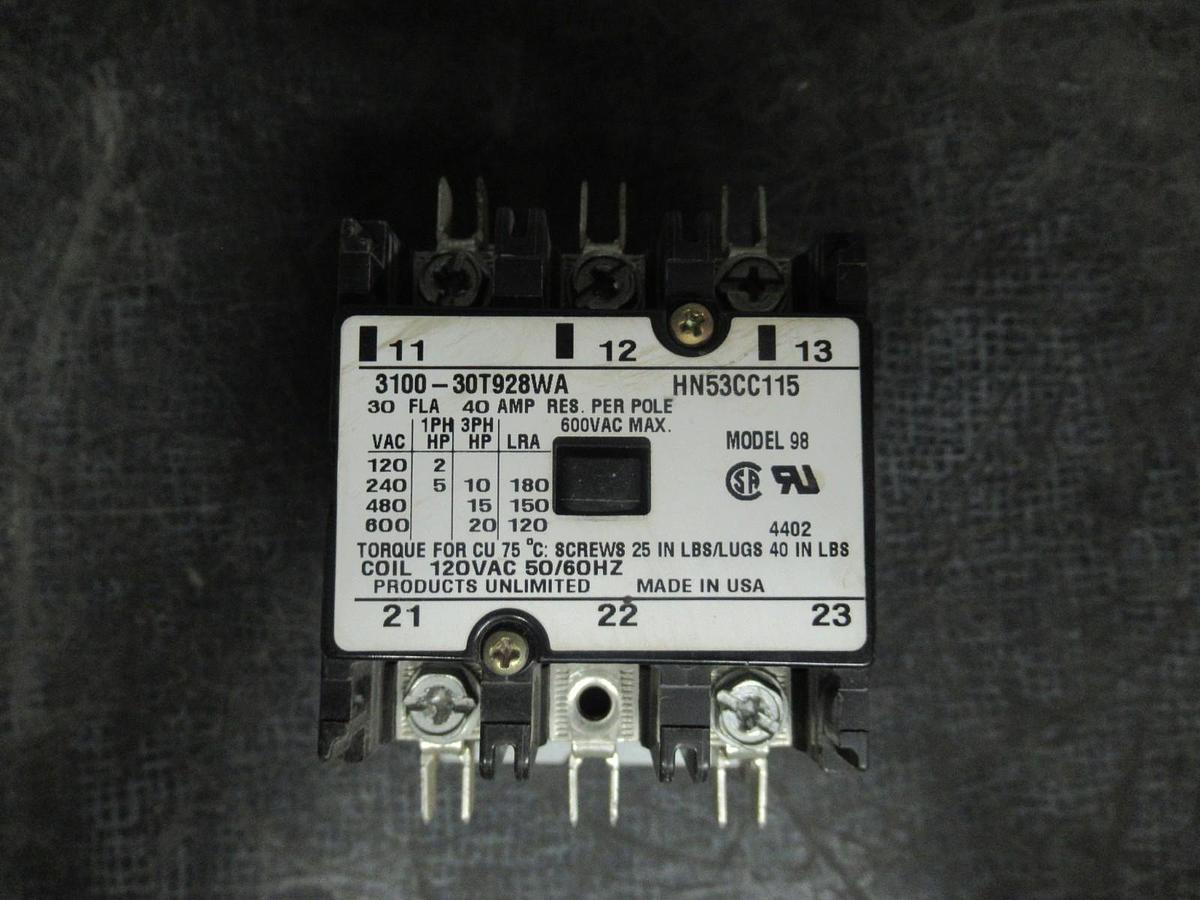 Used PRODUCTS UNLIMITED CONTACTOR 3100-30T928WA 30A 600V 20HP HN53CC115 COIL: 120V