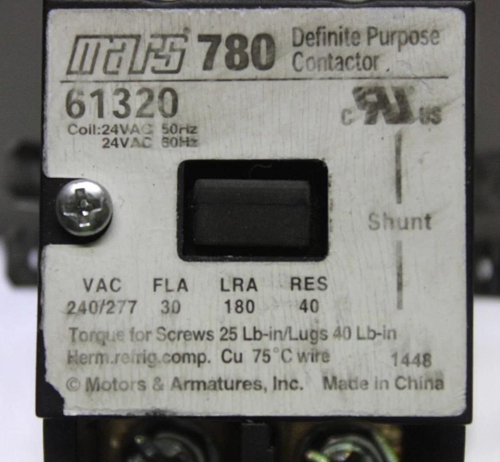 Used MARS 780 CONTACTOR 61320 30 AMP 240/277 VAC 3-POLE 3-PHASE COIL: 24 VOLT