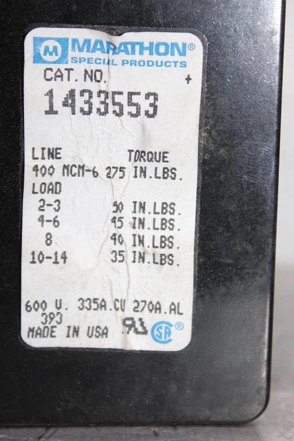 Used MARATHON TERMINAL LUG 1433553 600 VOLT 335 AMP 3-POLE **WARRANTY INCLUDED**