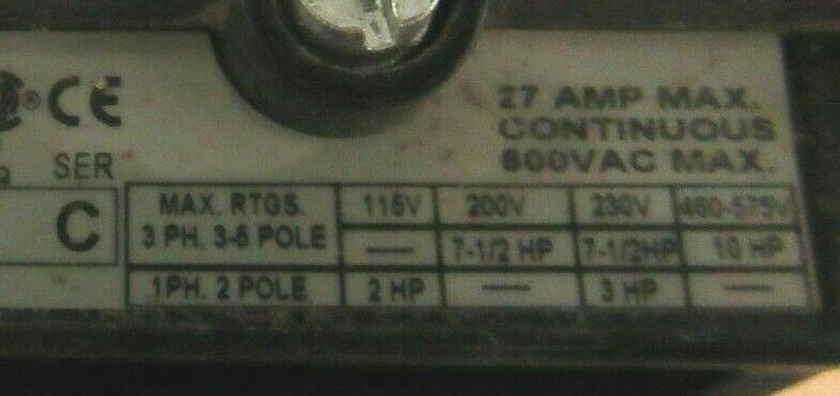 Used ALLEN BRADLEY CONTACTOR 500F-BOD930 SER. C NEMA: 1 10 HP 600 VAC COIL: 120 VAC