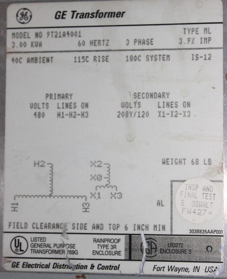 Used 3 KVA GENERAL ELECTRIC TRANSFORMER 9T21A4001 3-PHASE PRI: 480V SEC: 208Y/120V