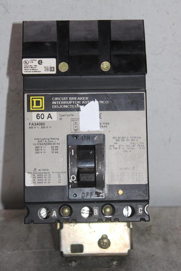 Used SQUARE D I-LINE CIRCUIT BREAKER FA36060 SERIES 2 60 AMP 600 VAC 3-POLE