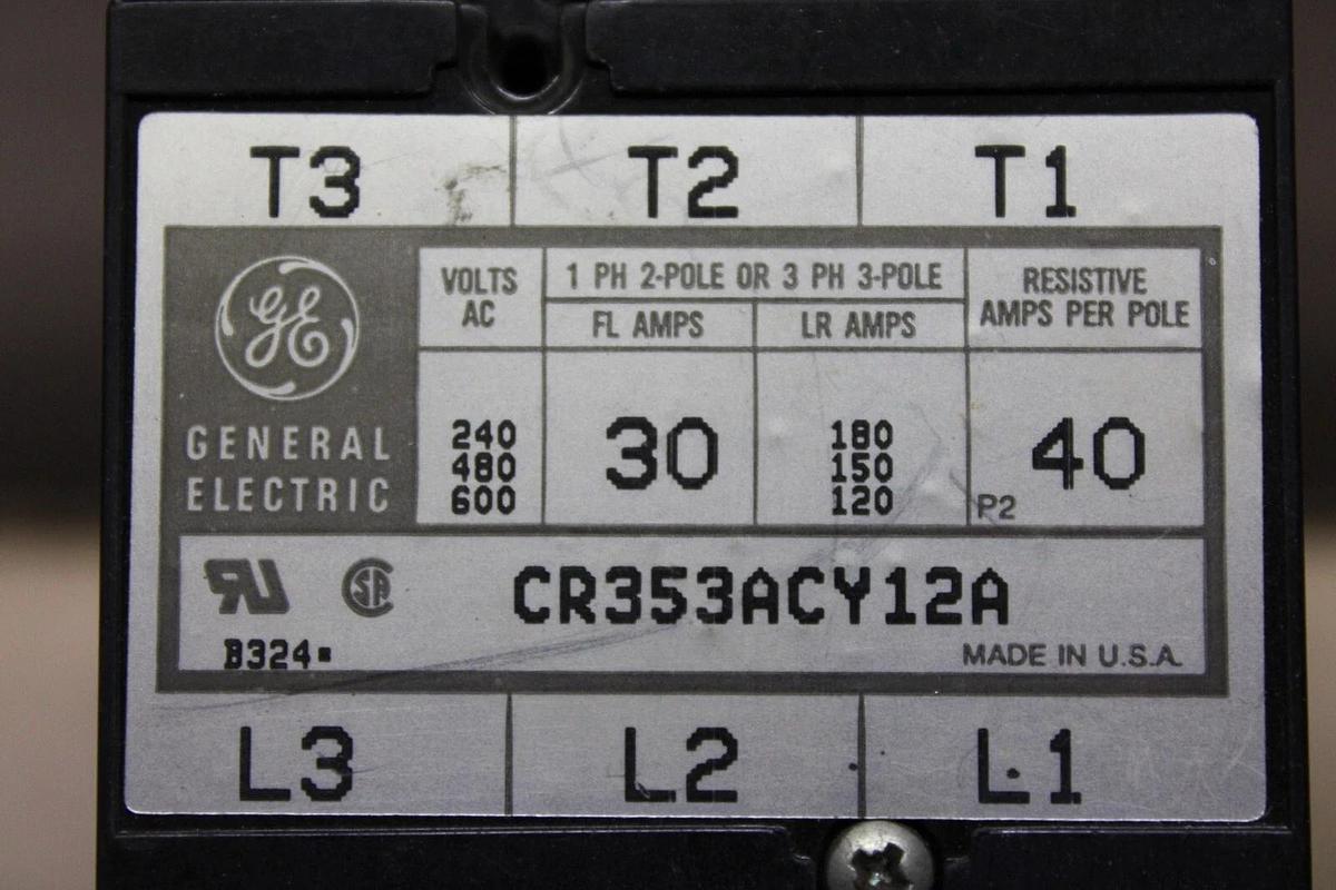 Used GENERAL ELECTRIC CONTACTOR CR353ACY12A 600V 30A 3-POLE 3-PHASE COIL: 120V