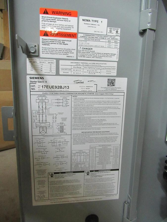 NEW SURPLUS SIEMENS COMBINATION STARTER 17EUE92BJ13 SIZE: 1 3/4 40 AMP 15 HP