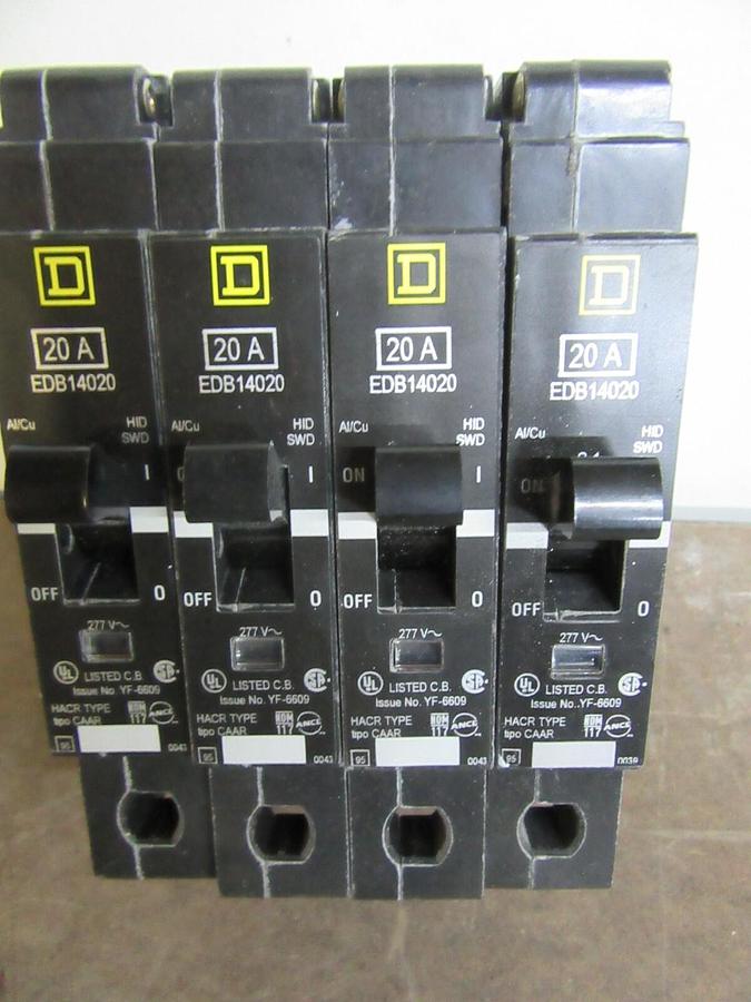 Used LOT OF 4 SQUARE D BREAKER EDB14020 SINGLE POLE 277 VAC 20 AMP **WARRANTY**