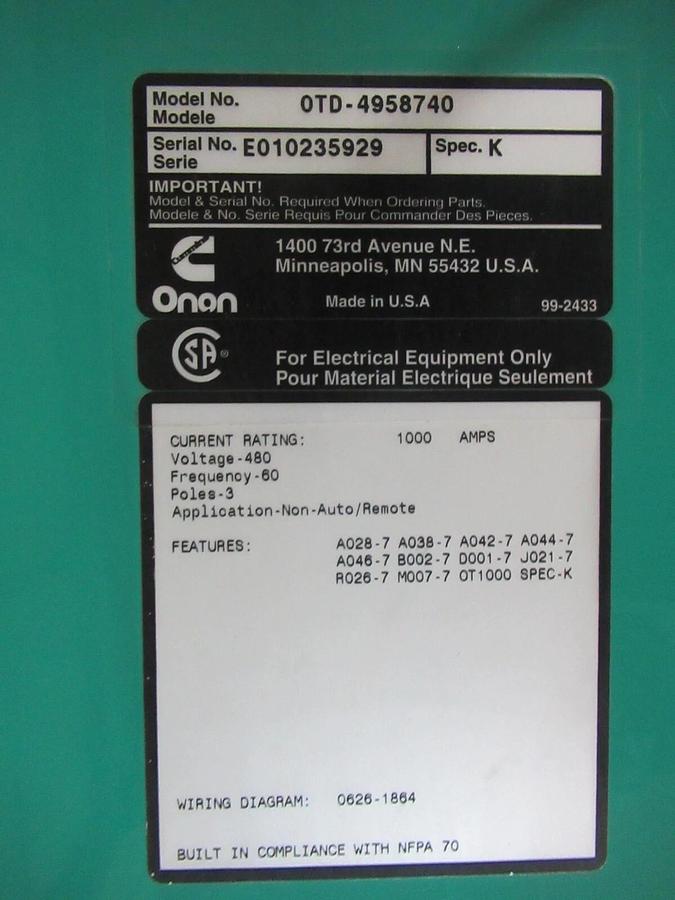 Used ONAN AUTOMATIC TRANSFER SWITCH OTD-4958740 480 V 3 PHASE 1000 AMP 0306-3456-16