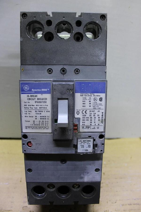 Used GE HI-BREAK CIRCUIT BREAKER SFHA36AT0250 110 AMP TRIP 600 VAC 3-POLE